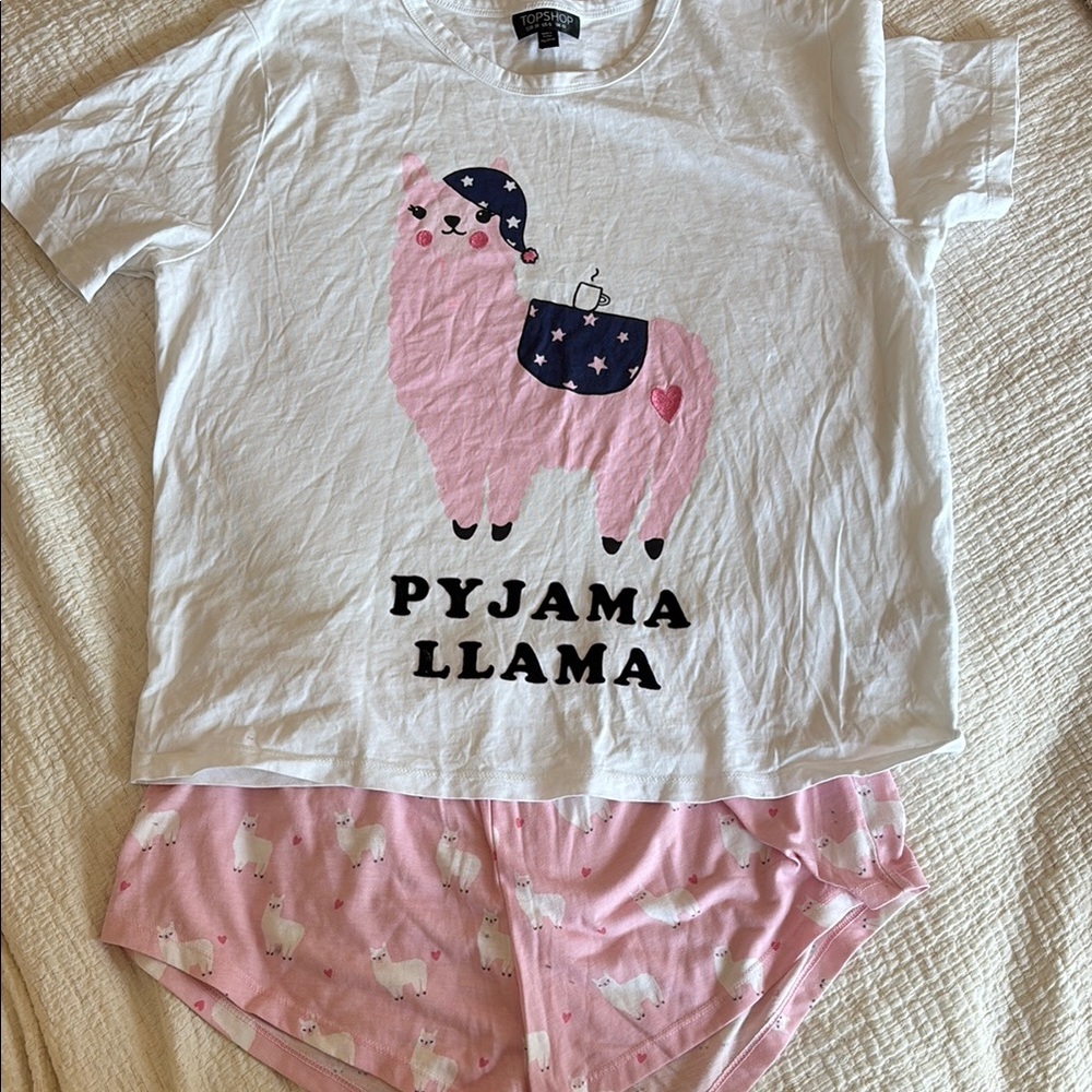 Topshop Pink and White Pajama Set with Llama Design